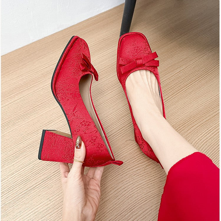 Women's High Chunky Red Wedding Retro Cheongsam Embroidered Square Toe Women's Fashion Shoes