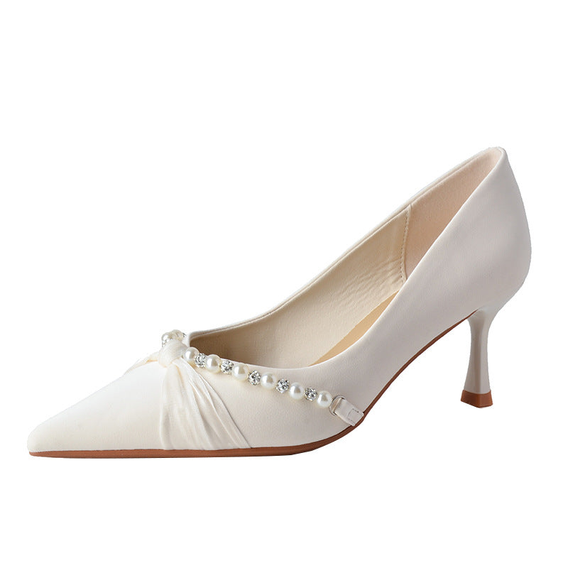 Women's Twisted Pearl Wedding Bridal Satin Sheepskin Elegant High Heels