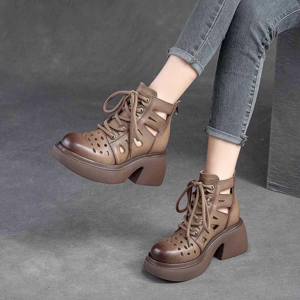 Women's Breathable Hole Front Top Layer Cowhide Heels