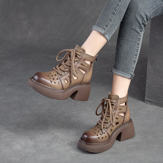Women's Breathable Hole Front Top Layer Cowhide Heels