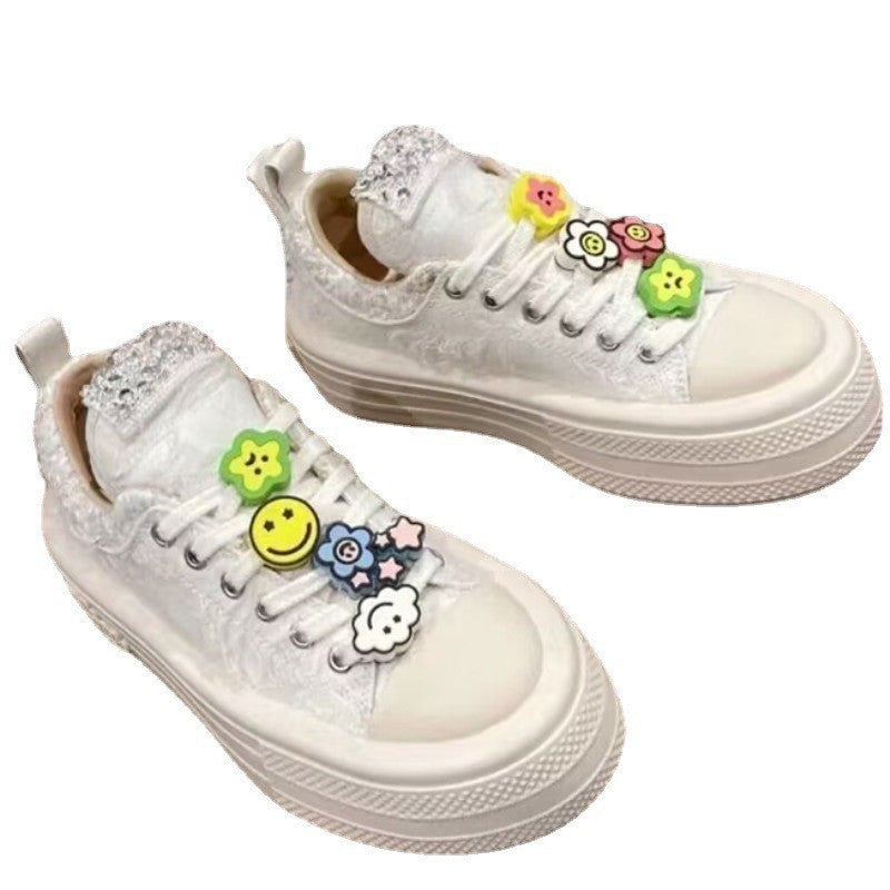 Women's Smiley Face Hanging Flower White Muffin Canvas Shoes