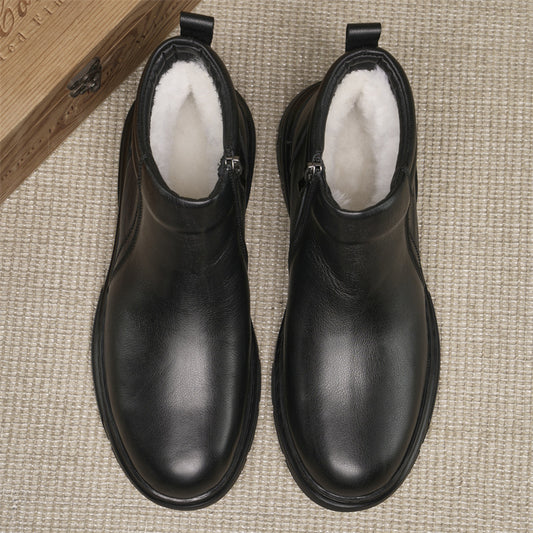 Men's Wool Fur Integrated Winter Fleece-lined Warm Genuine First Leather Shoes