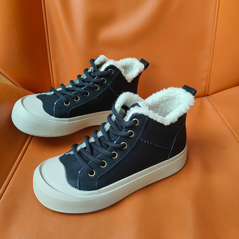 Women's Thick Fleece Warm Cowhide Vintage Platform Snow Boots