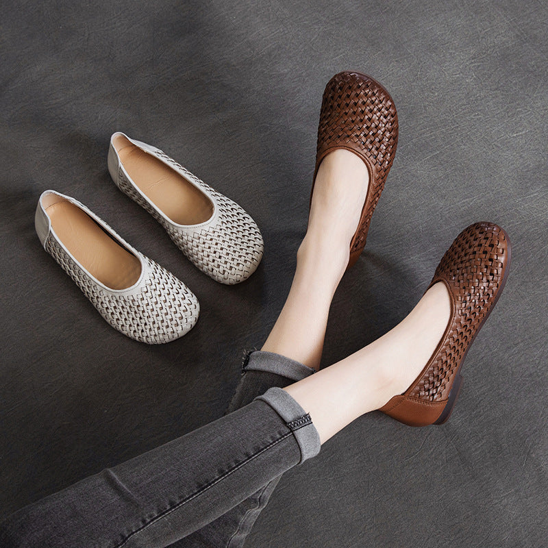 Women's First Layer Cowhide Mother Summer Hollow Hole Genuine Flat Sandals