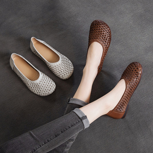 Women's First Layer Cowhide Mother Summer Hollow Hole Genuine Flat Sandals