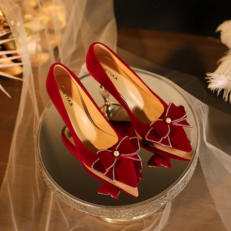 Red High Stiletto Wedding Bow Toast Not Tired Feet Heels