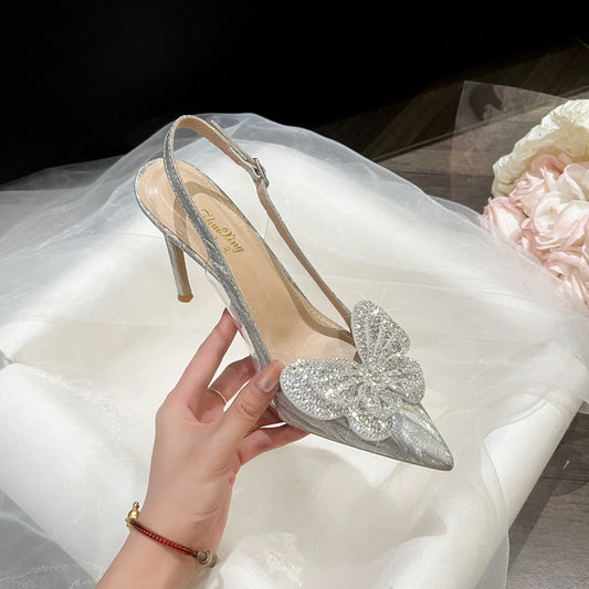 Stiletto Pointed Toe Cap Crystal Bow Heels