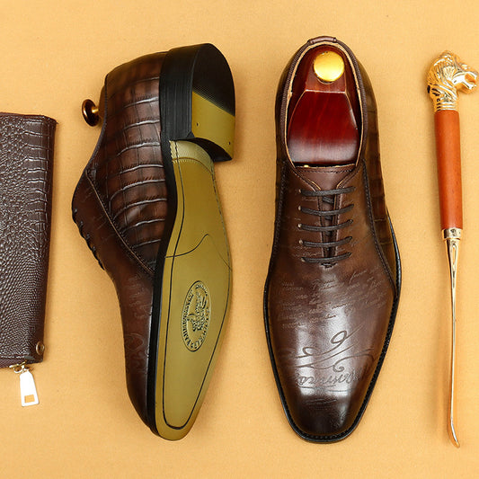 Men's Cowhide Crocodile Pattern Oxford Business Formal Wear Leather Shoes