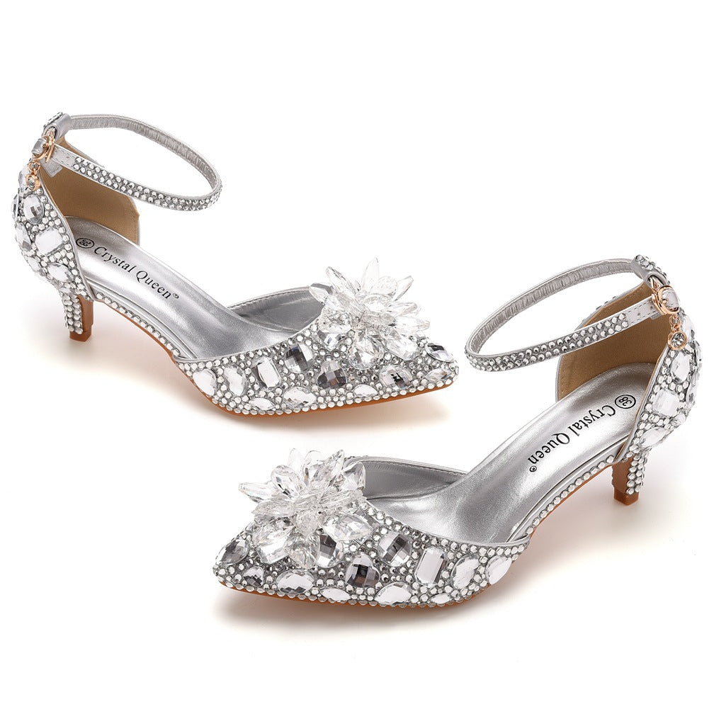 Women's Stiletto Pointed Glass Flower High Champagne Gold Heels
