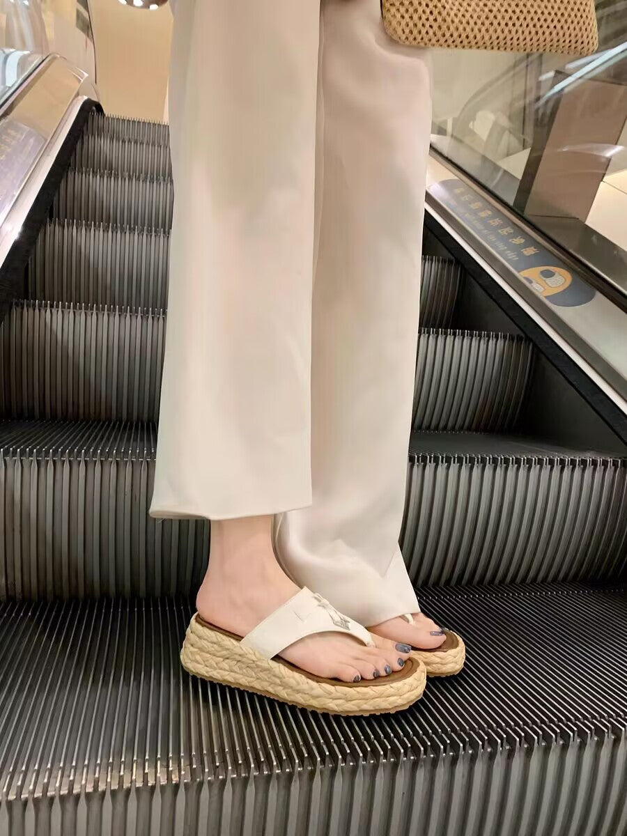 Height Increasing Small Size Thick Bottom Tassel Buckle Straw Flip Flops