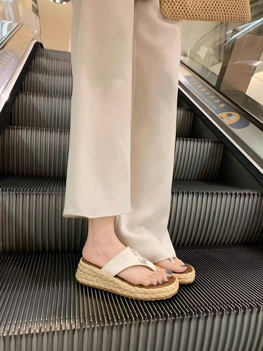 Height Increasing Small Size Thick Bottom Tassel Buckle Straw Flip Flops