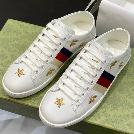 Women's & Men's Embroidered Genuine Bee White Sports Love Casual Shoes