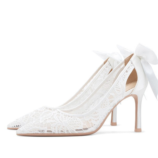Milk Silk Hollow Wedding Pointed Stiletto Bridal Heels
