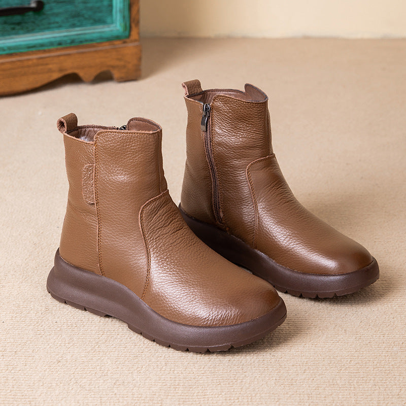 Women's Layer Cowhide Mother's Cotton Flat Leisure Warm Snow Boots