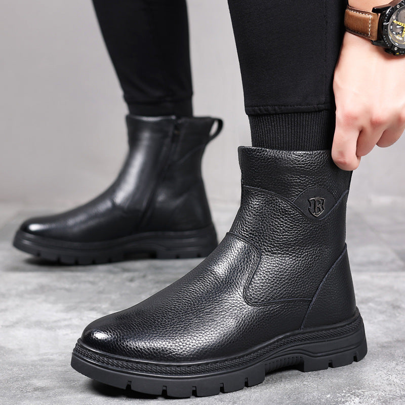 Men's Layer Cowhide Cotton Wool Fleece-lined Warm Boots