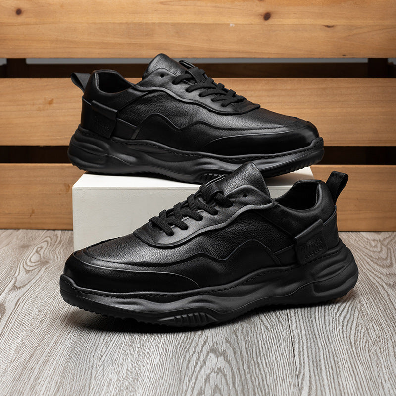 Men's Slouchy Cool Black Genuine Thick-soled Sneakers