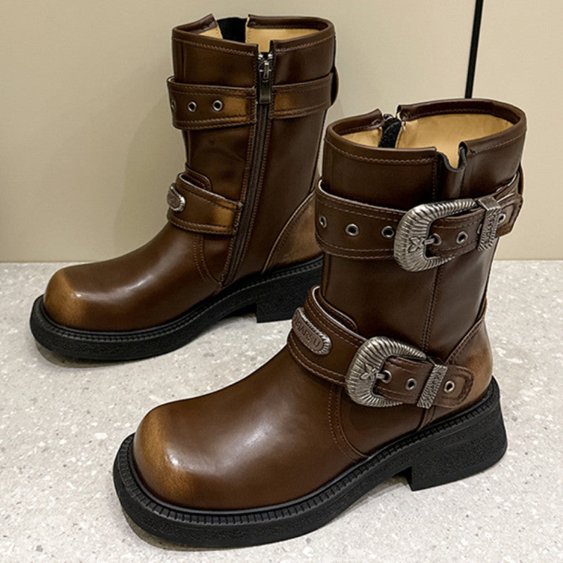 Women's Thick Bottom Chunky Belt Buckle Brushed Boots