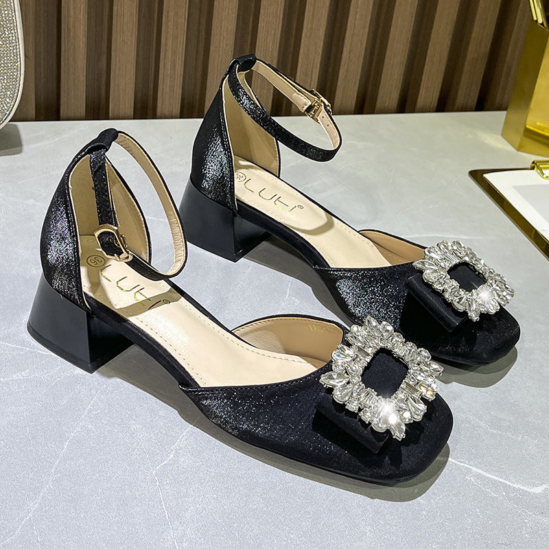 Women's Summer Retro Square Toe Chunky Mary Jane Small Heels