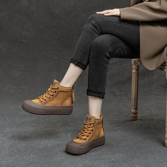 Women's Cowhide Platform Retro Ankle Autumn Genuine Large Round Boots