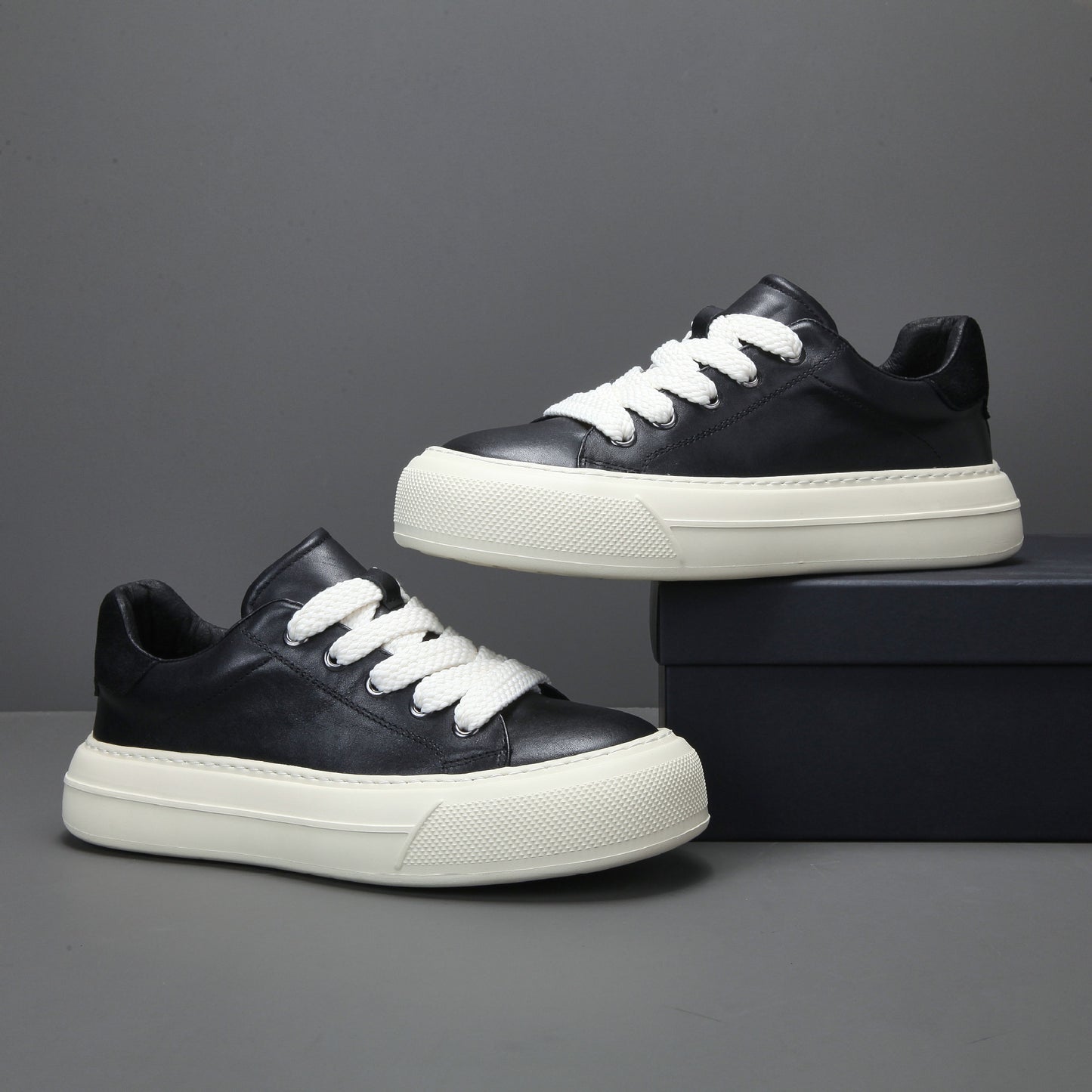 Men's Trendy Platform White Top Layer Cowhide Sneakers