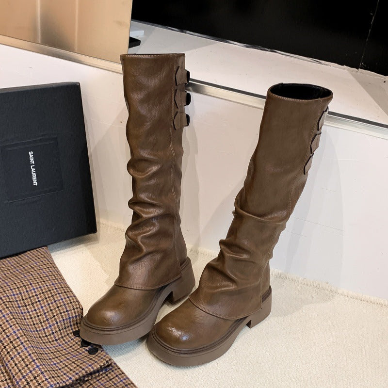 Women's Thick Bottom Chunky Pantyhose Belt Buckle Boots