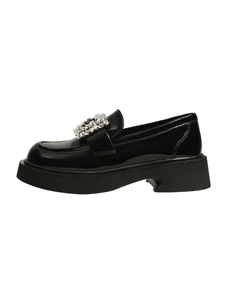 Square Buckle Rhinestone Platform Autumn Black Loafers