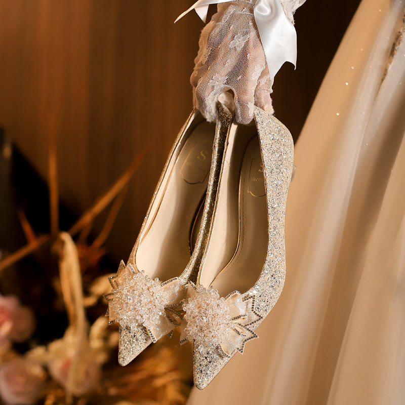 Women's Low Block Stilettos Bow Rhinestone Bridal Main Women's Fashion Shoes