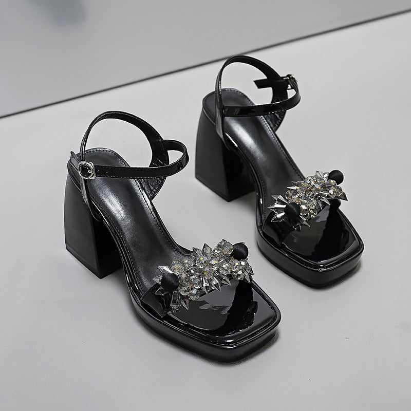 Women's Summer Versatile Patent Open Toe Chunky Platform Heels