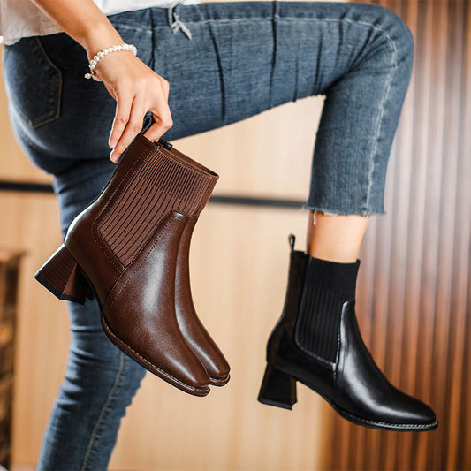 Women's Square Toe Booties High Socks Knitted Boots