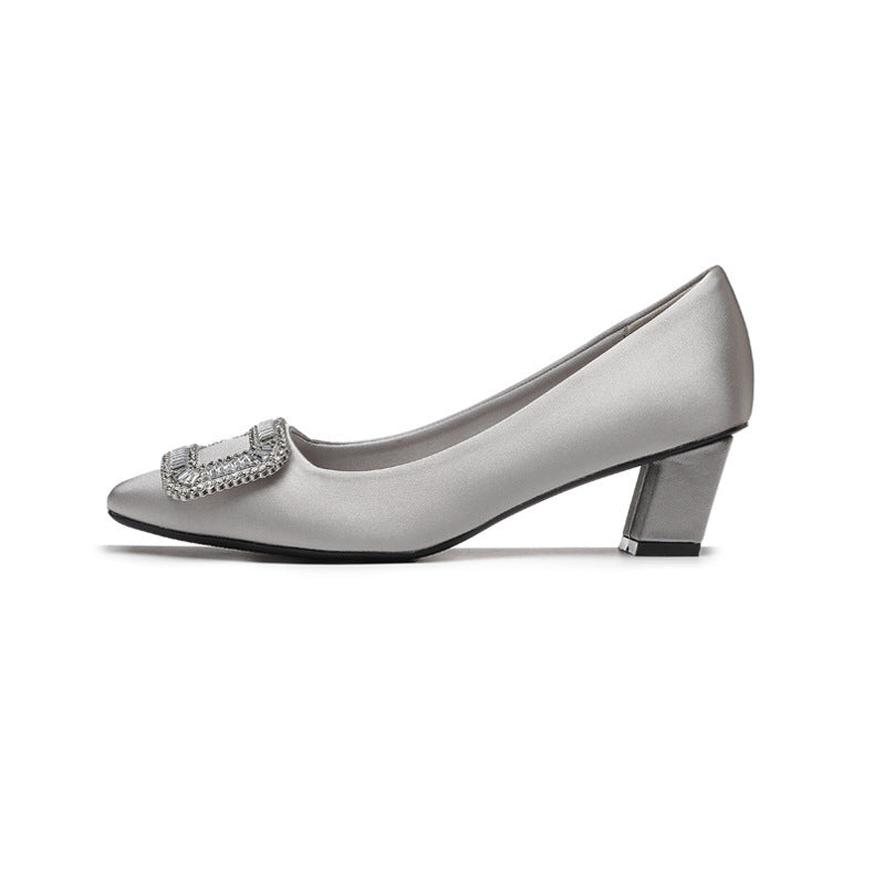 Women's Satin Square Toe Chunky Authentic Rhinestone Women's Fashion Shoes
