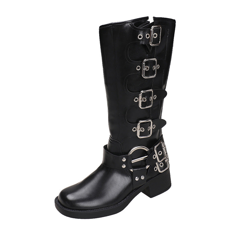 Women's Round Toe Belt Buckle Middle Tube Boots