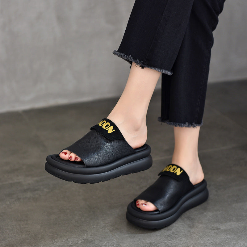 Platform Outer Wear Genuine Summer Cowhide Slippers