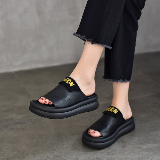 Platform Outer Wear Genuine Summer Cowhide Slippers