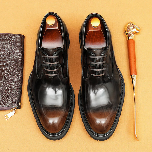 Men's Cowhide Glossy British Thick Sole Increased Business Formal Leather Shoes