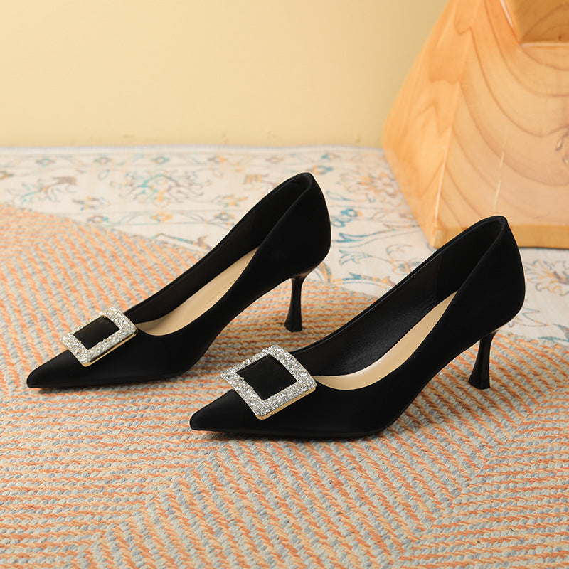 Women's Rhinestone Square Buckle High Pointed Stiletto Women's Shoes