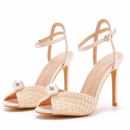 Women's White Pearl High Banquet Wedding Dress Heels