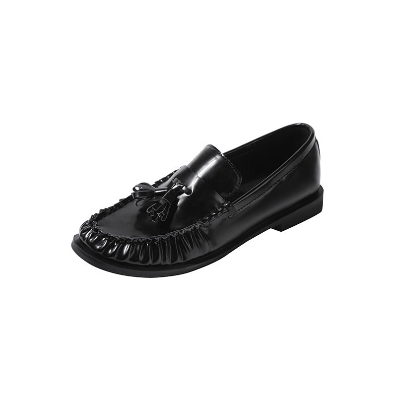 Women's British Patent Tassel Woven Round Toe Pumps Leather Shoes