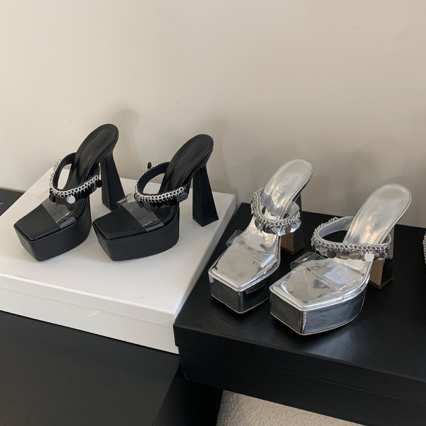 Chunky Waterproof Platform Square Toe Transparent Heels