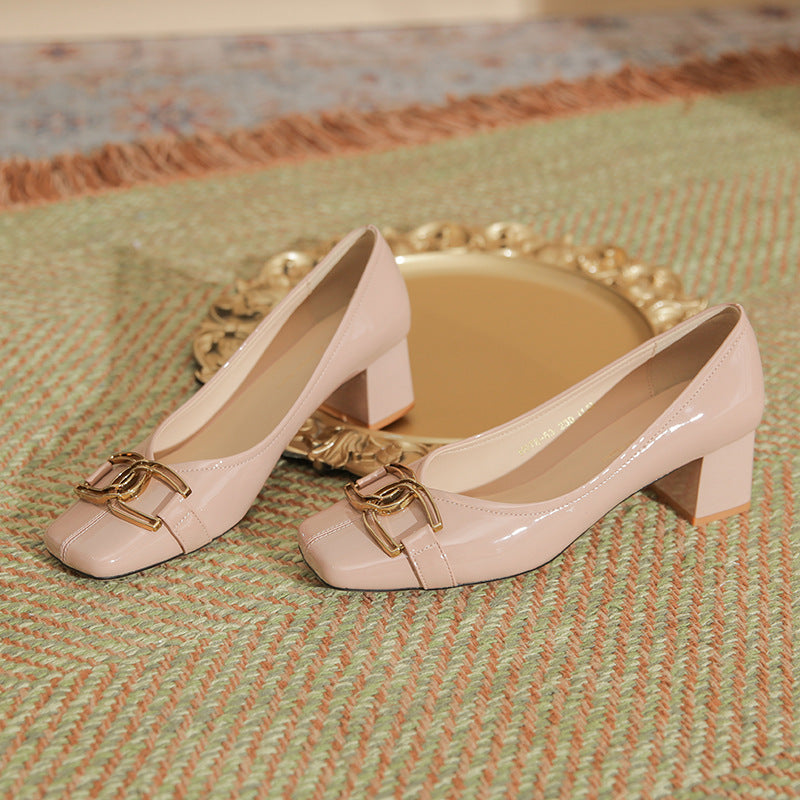 Women's Pink Patent Chunky High Cute Metal Buckle Shallow Mouth Elegant Women's Shoes