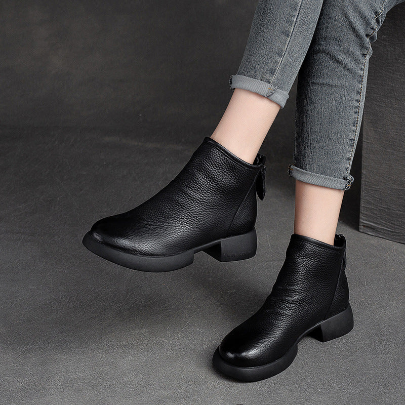 Women's Top Layer Cowhide Flat Round Head Boots