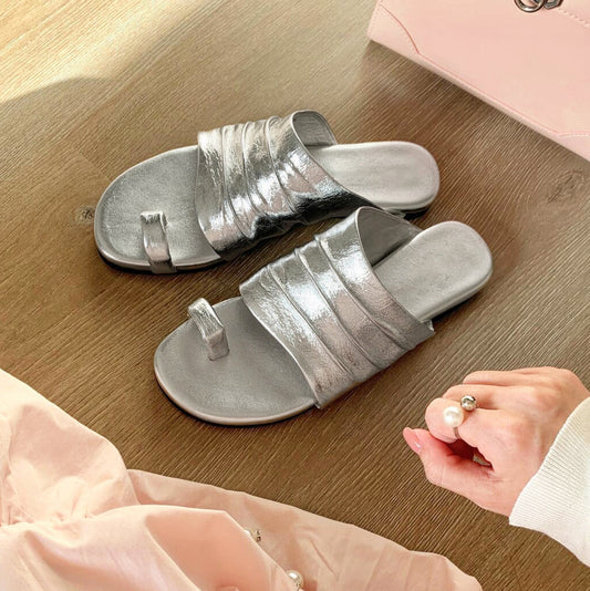 Women's Niche Pleated Genuine Sier Toe Covering Soft Slippers