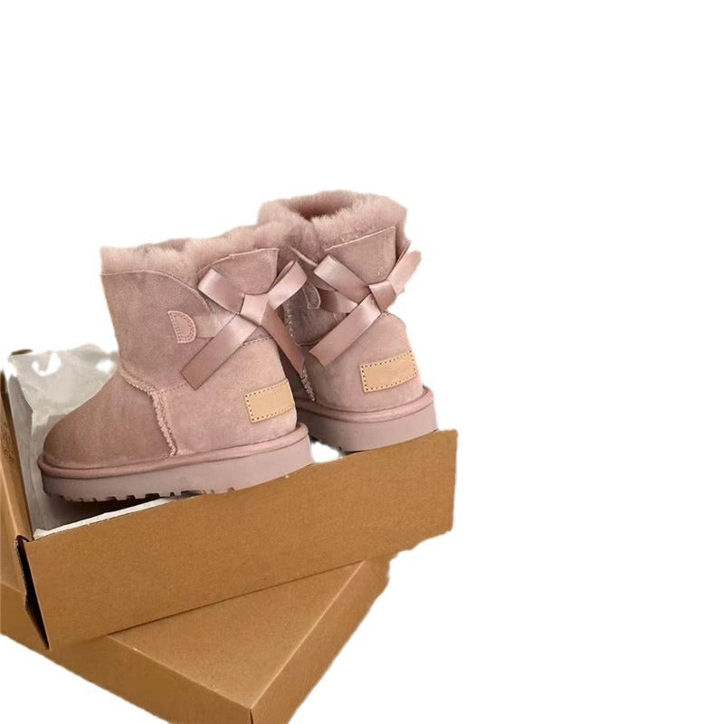 Women's Style Sheepskin Fur Integrated Single Ribbon Snow Boots