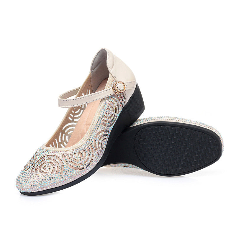 Women's Flat Middle Wedge Genuine Pumps Hollow Sandals