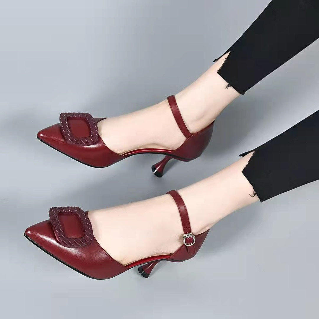 Women's Closed Toe Buckle Low Summer Genuine Heels