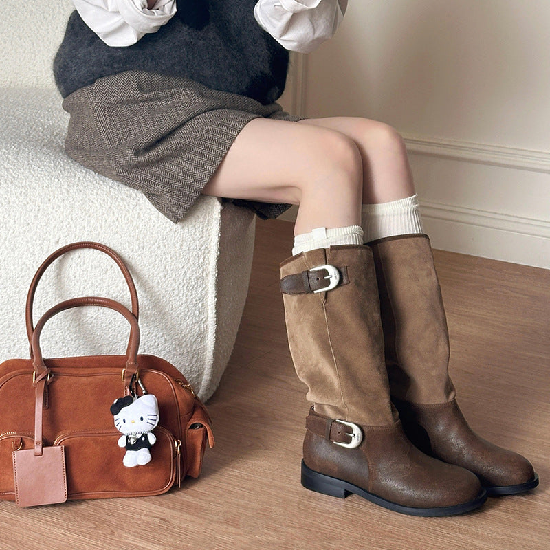 Women's Retro Pleated Pile Style Middle Belt Buckle Big Tube Boots