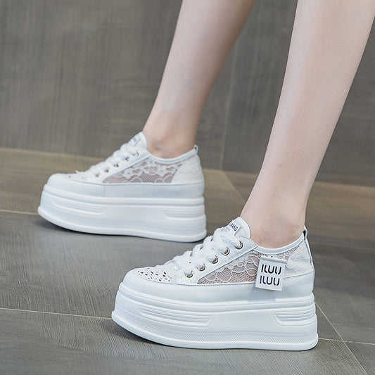 Women's Thick Bottom Hidden White Mesh Breathable Summer Small Heels