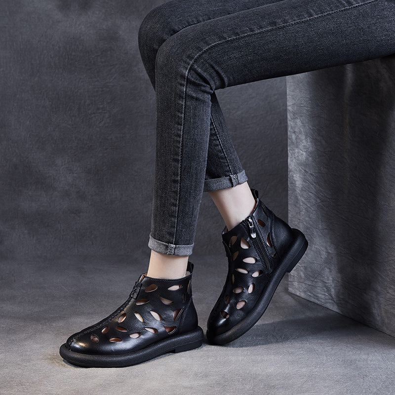 Hole Fashion First Layer Cowhide Side Zipper Sandals