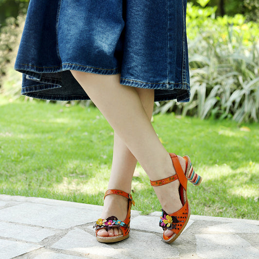 Hand-rub Color Hollow Three-dimensional Flower Comfortable Heels