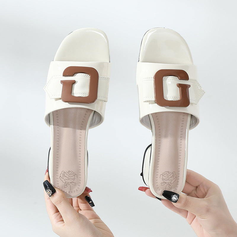 Women's Summer Patent Cowhide Stylish Peep Toe Comfortable Thick Low Sandals