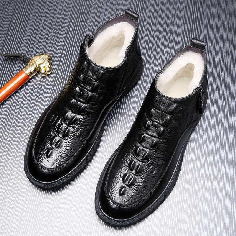 Men's Winter First Layer Cowhide Crocodile Pattern Wool Cotton Fleece-lined Men's Shoes